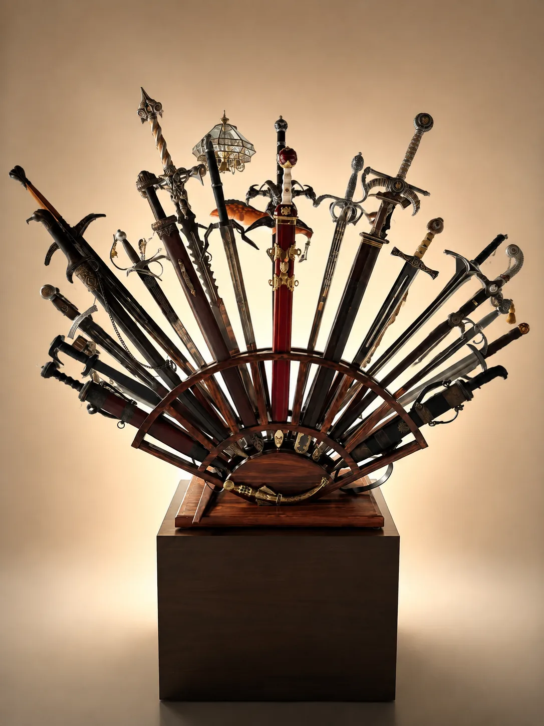 Soporte de exhibición para una colección de espadas, en nogal